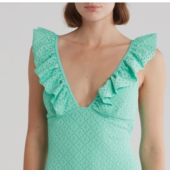 Betsey Johnson Biscay Green 1 piece Ruffle strap eyelet Swimsuit size small new - Picture 3 of 5